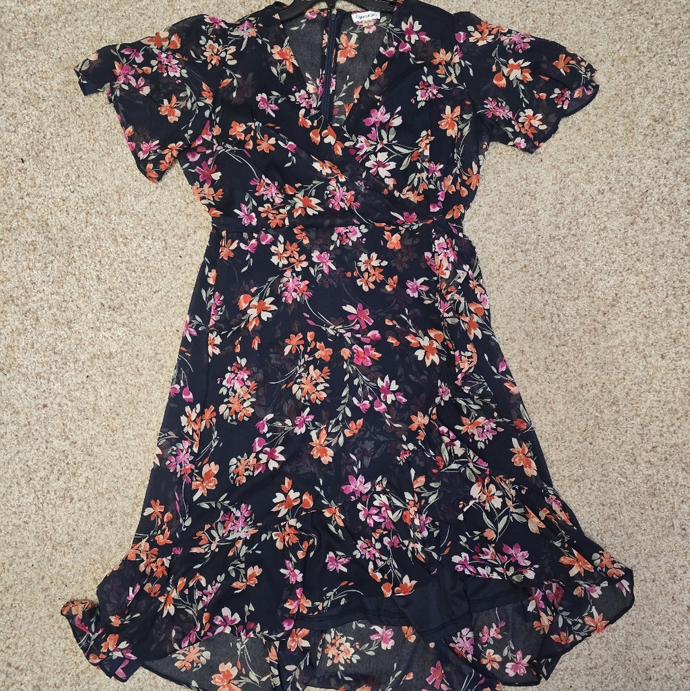 Calvin Klein Wrap Floral Belted Midi Dress - Navy, Pink, Orange, White size 16